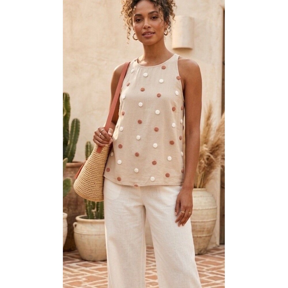 Boho Beige Halter Blouse 3D Pom Pom Textured Polka Dot Tank Top Size M